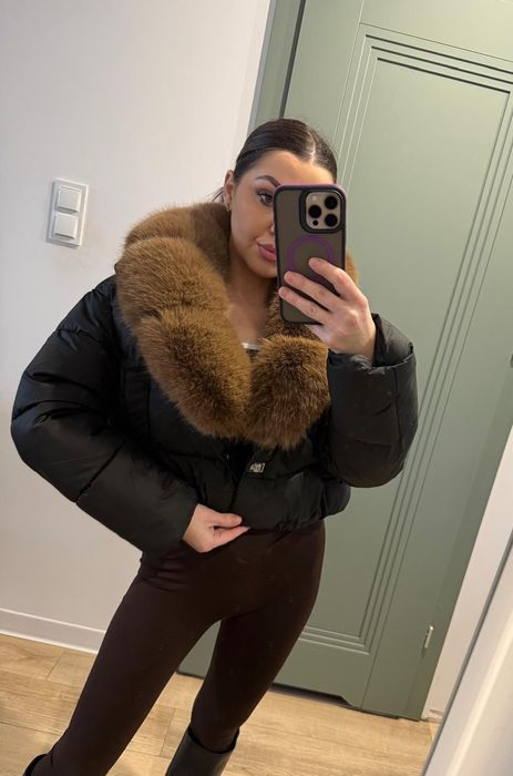 Czarna krótka kurtka z futerkiem kołnierz L XL