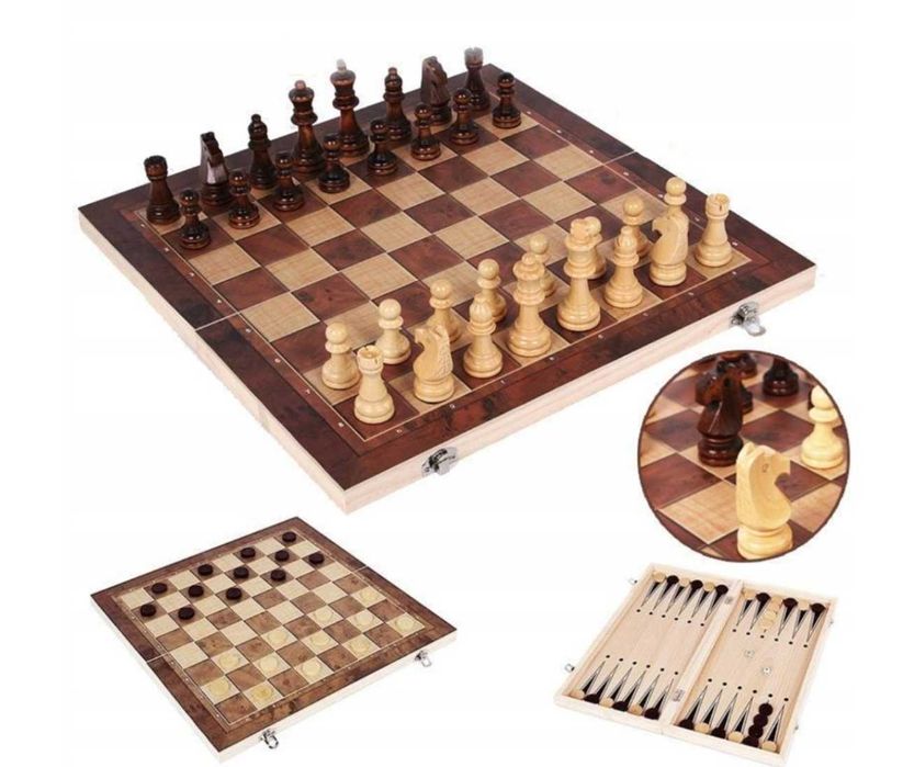 Duże SZACHY DREWNIANE 3w1 Warcaby Tryktrak 29x29cm Gra w Szachy XXL