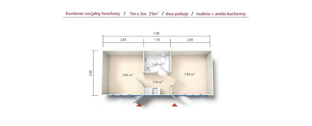 Kontener socjalny, pracowniczy, hotelowy, toaleta, aneks, 7x3m 21m²