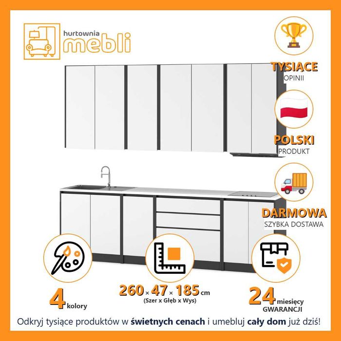 Meble Kuchenne Skandynawskie Bella 2.6m Zestaw Z Blatem Modułowy Duży