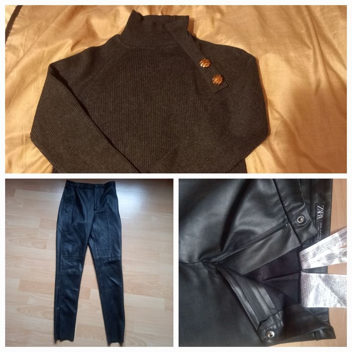 Zestaw Zara xs półgolfik  spodnie skórzane  , spodnie czekoladowe, blu