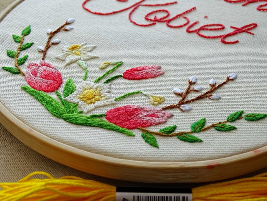 Urodziny Ślub Rocznica Podziękowanie. Haft ręczny tulipany żonkile