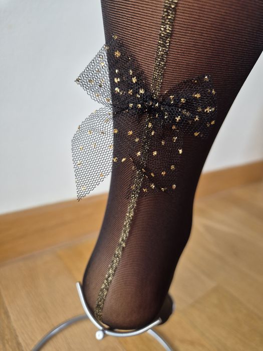 Rajstopy Calzedonia s/m czarne złote szew z kokardkami shiny legs 30