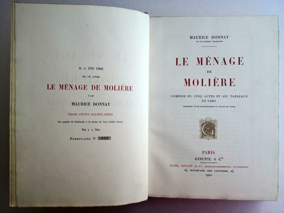MOLIERE - unikat bibliofilski numerowany 103/300, Paryż 1912, Rempex