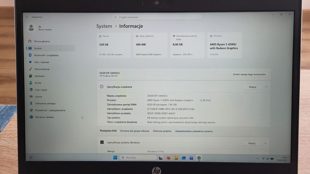 Laptop HP ProBook 455 G7 | Win 11 | Ryzen 5 | 8GB