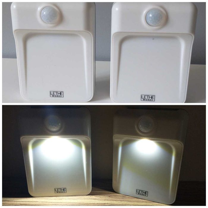 2 bezprzewodowe lampki LED, wyposażone w czujnik ruchu oraz czujnik zmierzchu, marki Lethe Works