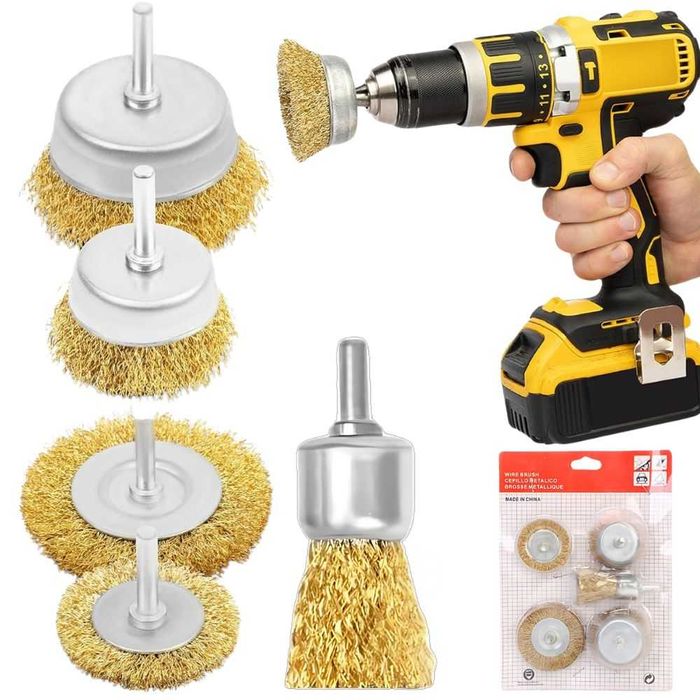 Szczotki druciane z mosiądzu na wkrętarkę zestaw 5 sztuk różne rozmary