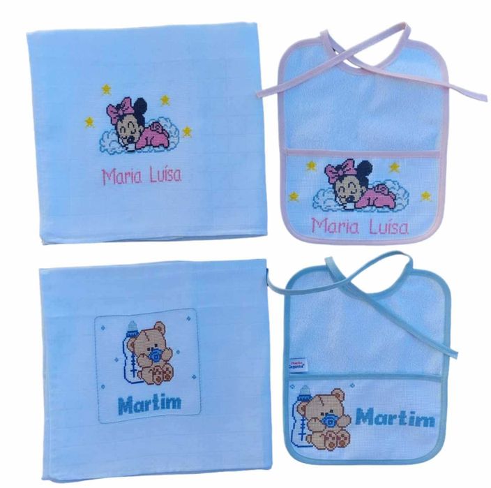Conjunto de fralda + babete bordados à mão