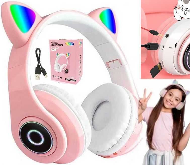 NOWE Słuchawki Różowe PINK makaroniki Bluetooth RGB Kocie Uszy Prezent