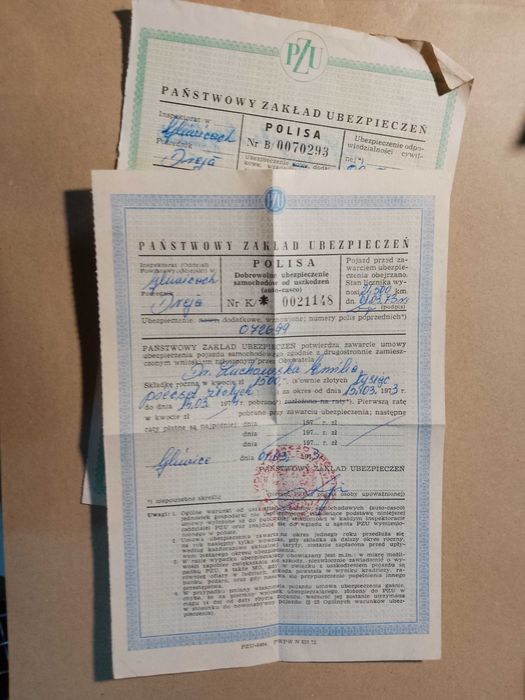 stary dokument prl plisa samochodowa  pzu 1973 rok