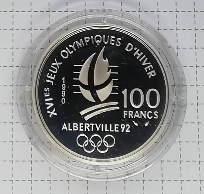 Франція 100 франків 1990р. СРІБЛО. ПРУФ. Олімпіада. Ковзани.