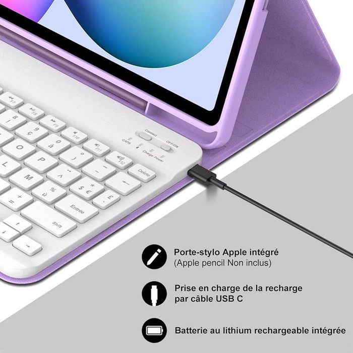 Etui z klawiaturą Bluetooth JADEMALL do iPad 10.2 / 10.5 | AZERTY | Fiolet