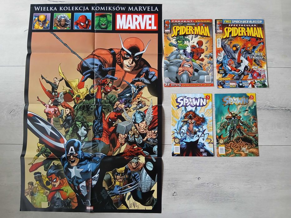 4 x komiks Spider-Man, Spawn + duży plakat Marvel