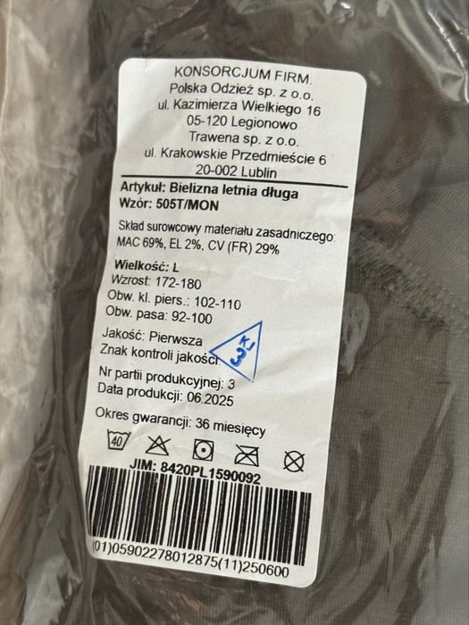 Bielizna letnia długa MON