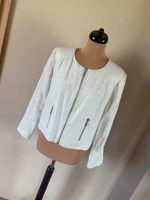 Len linien żakiet marynarka blazer ramoneska krem ecru xxl +size