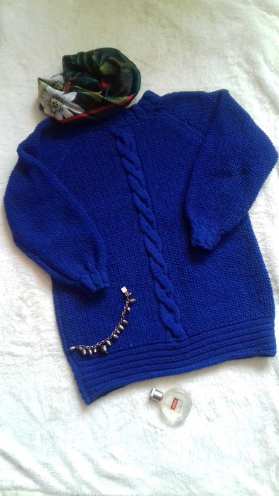 Свитер светр синий вязаный с косами, ручная вязка