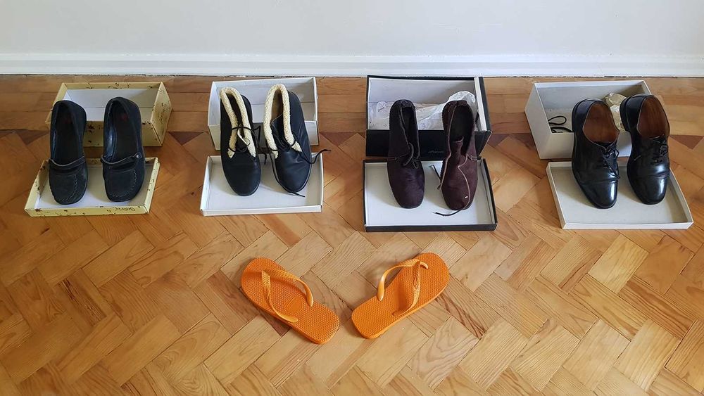 4 pares de calçado (havaianas, botins, sapatos, sapatilhas)
