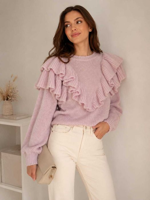 Sweter ZARA liliowy falbanki r. 36