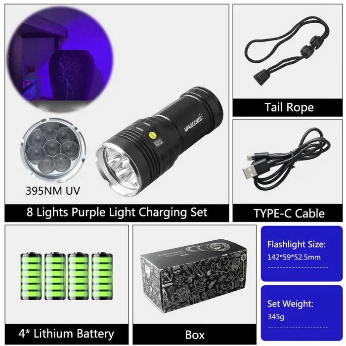 Latarka UV Vastfire 395nm o potężnej mocy 160W z bateriami 18650