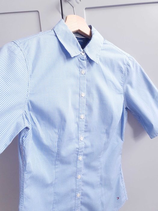 Biała koszula z krótkim rękawem niebieska kratka Tommy Hilfiger 32 34
