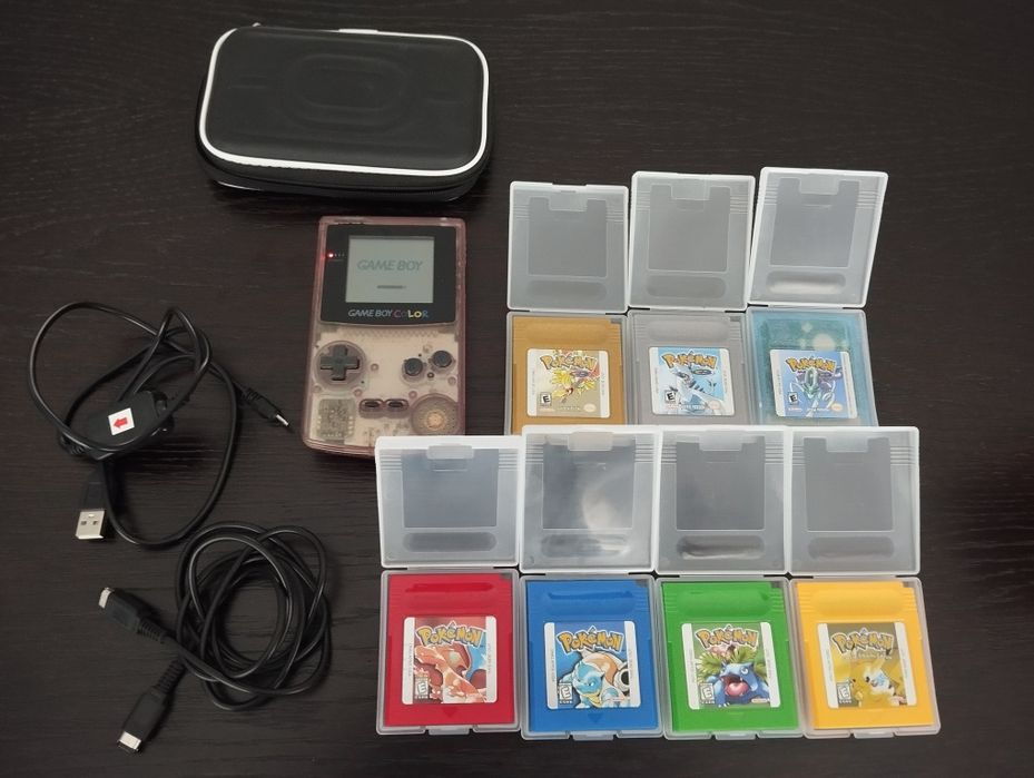 Conjunto Gameboy Color Atomic Purple 7 jogos Pokémon cabo link carregador USB e bolsa de proteção