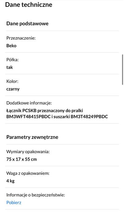 Łącznik do pralki i suszarki Beko PCSKB