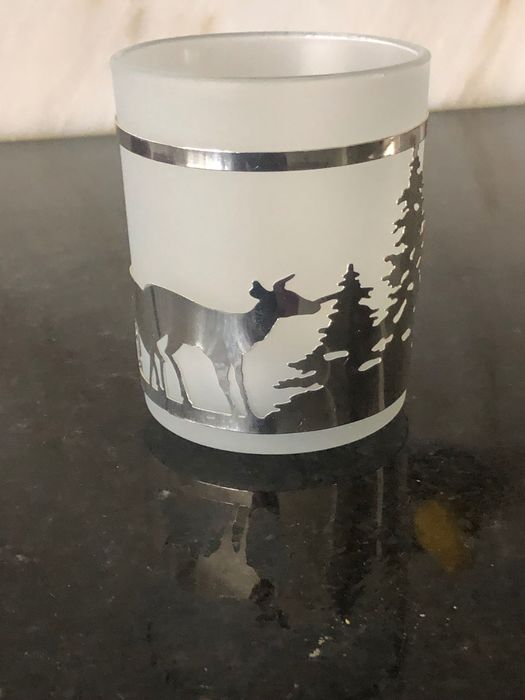 Porta Velas em Vidro com Imagem em Metal de Alces/Neve
