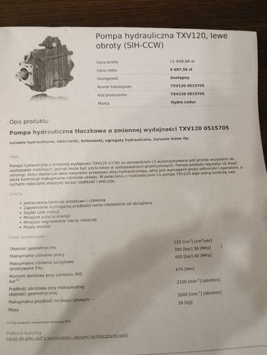 Pompa hydrauliczna HydroLeduc TxV120 , pompa z Ls