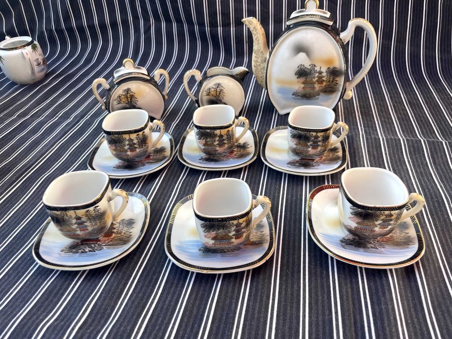Antigo Serviço de Café Japonês Art Déco (Pintado à Mão) – Completo 5+1