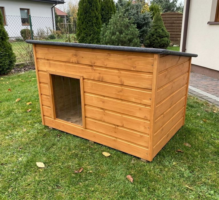 PRODUKCJA NOWA Całkowicie Ocieplana Buda 2XL dla Psa z Otwieranym Dachem Teak | Średnie Psy: Beagle, Spaniel, Buldog | Gruba Drewniana Kurtyna