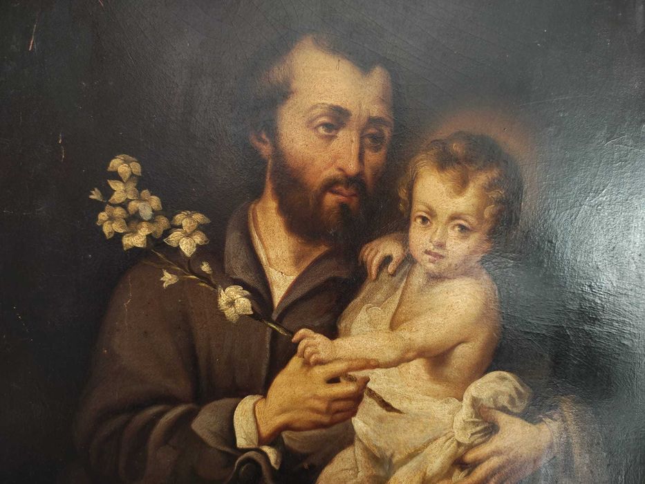 Lindíssima pintura a Óleo com São José e Menino com Magnifica Moldura em Talha Dourada.