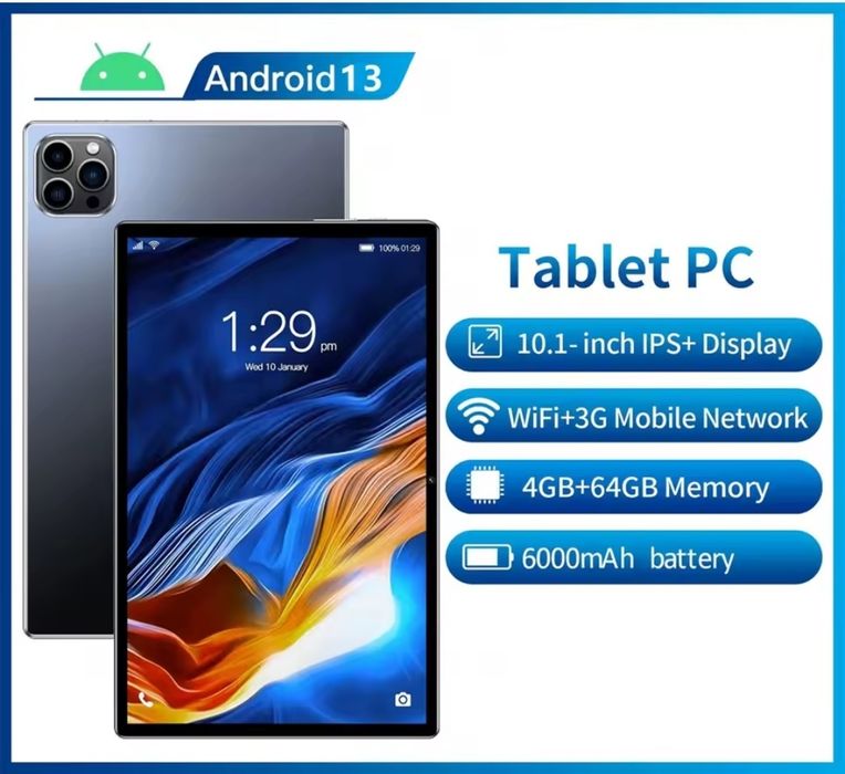 Планшет BDF 10.1" Android 13, 4GB RAM, 64GB, Wi-Fi+3G