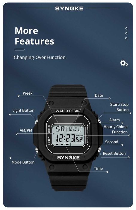 Zegarek elektroniczny męski Synoke sportowy stoper retro PRL WR50