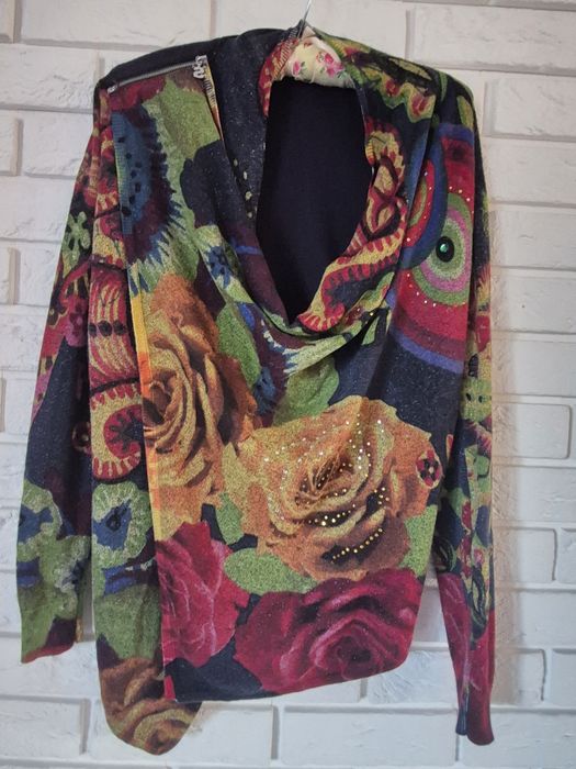 Desigual kolorowy kardigan sweterek wzór floral asymetryczny  r. L