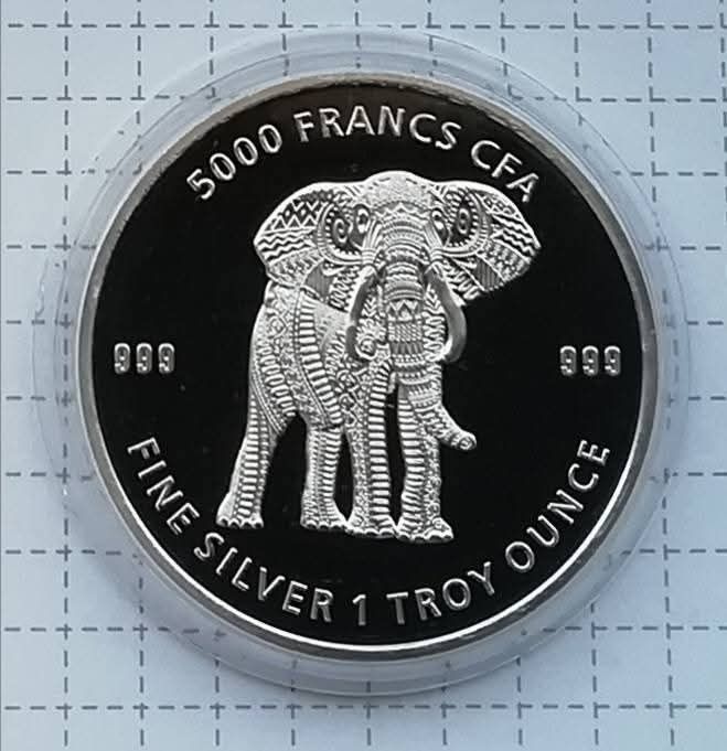 Чад 5000 франків 2019р. СРІБЛО. Слон Мандали. ПРУФ.