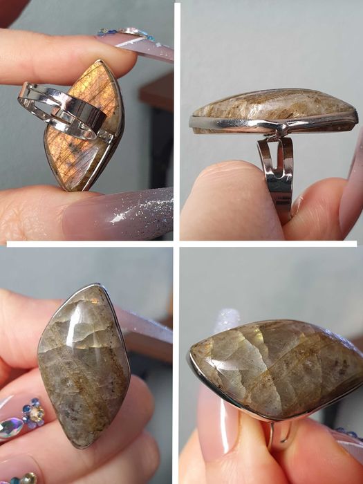Anel com labradorite / labradorita amarelo e laranja - ajustável