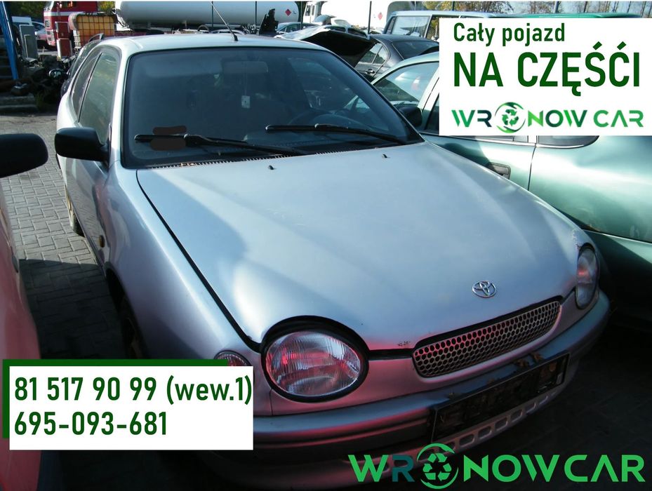 Toyota Corolla VIIII E11 (97-99r.) 1.3B 85KM.Silnik 4E-FE Skrzynia C150 Lakier 199. Cały na części GWARANCJA !!!!  Przód Tył Zestaw Komplet Drzwi Klapa Zderzak Błotnik Maska Grill Atrapa Szyba Pas Lampa Lusterko Boczki Fotel Kanapa Kokpit Deska Rozdzielcz