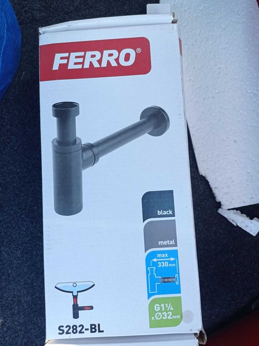 Nowy syfon umywalkowy Ferro Rotondo butelkowy czarny z rozetą S282-BL