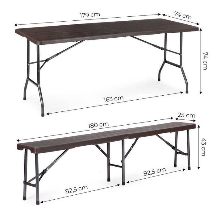 Meble ogrodowe CATERINGOWE kpl. 180cm stół + 2 ławki BROWN - PROMOCJA