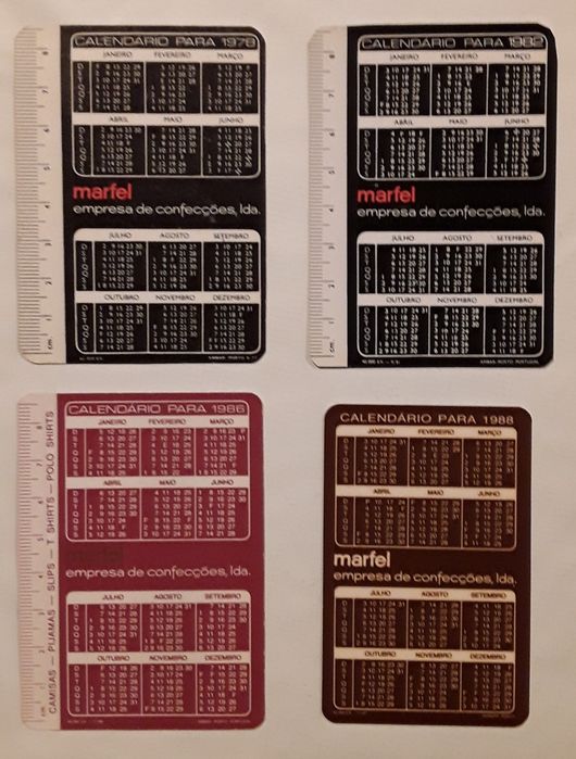 Calendários de bolso Triple Marfel (anos 1978, 1982, 1986, 1988 e 1996