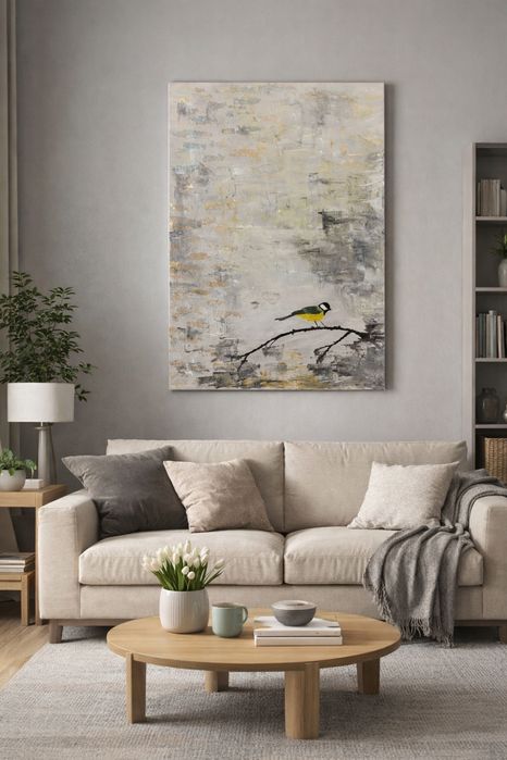 Autorski obraz akrylowy 50x70 cm minimalistyczna kompozycja z ptakiem