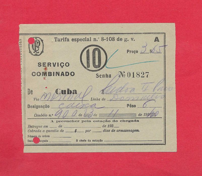 CP - Comboios de Portugal - Talão de envio especial  - Muito antigo 1940