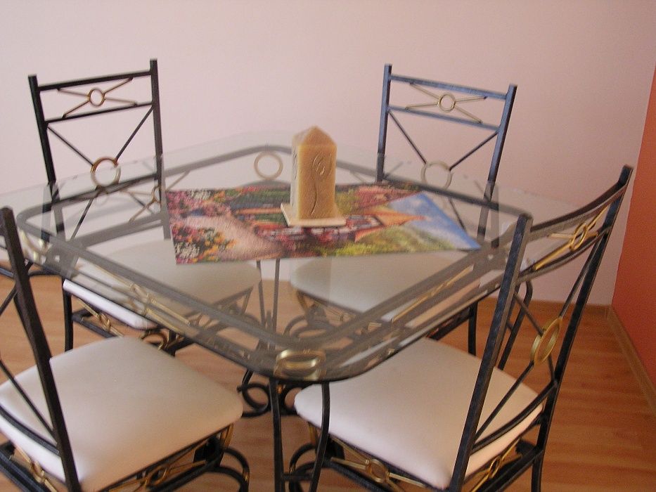stół kuty szklany + 4 krzesła + ława