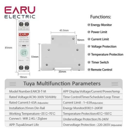 Розумний Wi-Fi автомат EAKCB-T-M Tuya 63А DIN