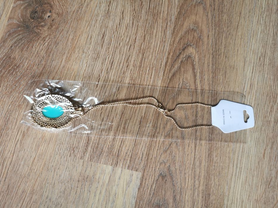 Złoty naszyjnik długi wisior wisiorek z turkusowym oczkiem retro