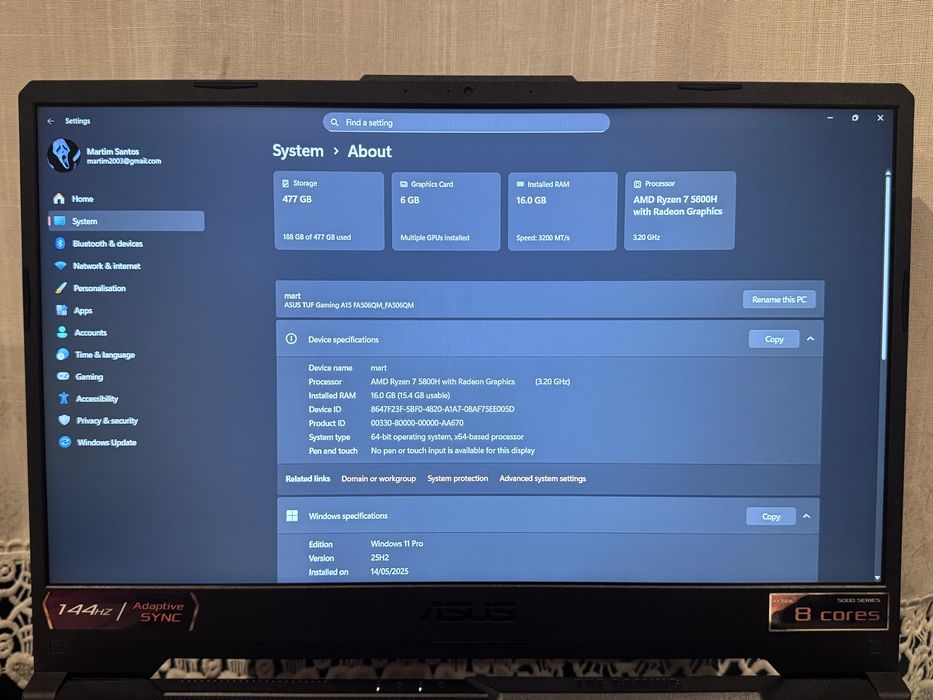 Portátil ASUS TUF GAMING A15 FA506QM RTX 3060, R7, 16GB, 512GB, 144HZ