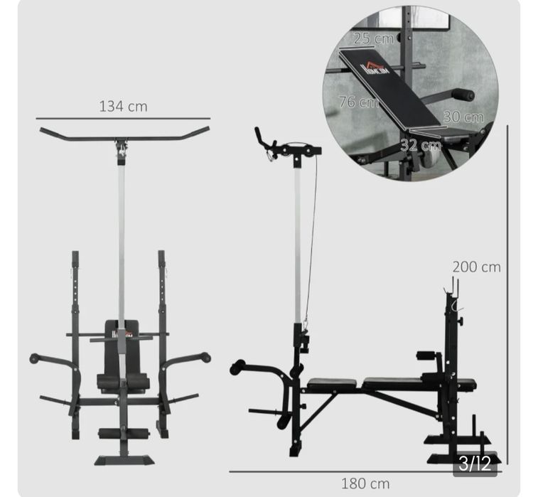 Banco de Pesos Multi Funcional Banco de Musculação Ajustável em 6 Posições 180x134x200cm  Preto