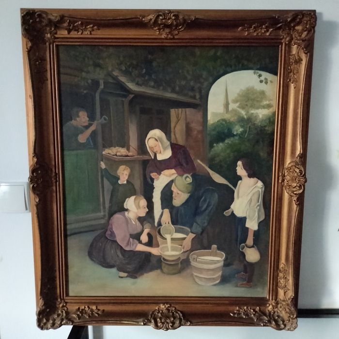 Duży Obraz na płótnie w złoconej ramie stary antyk
