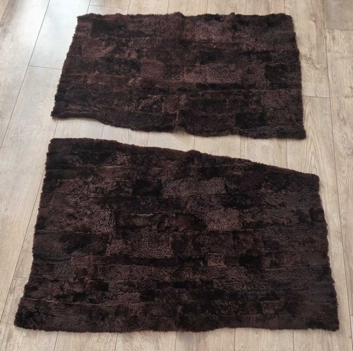 Narzuta dywanik z naturalnego futra owczego – patchwork, PRL, brązowy