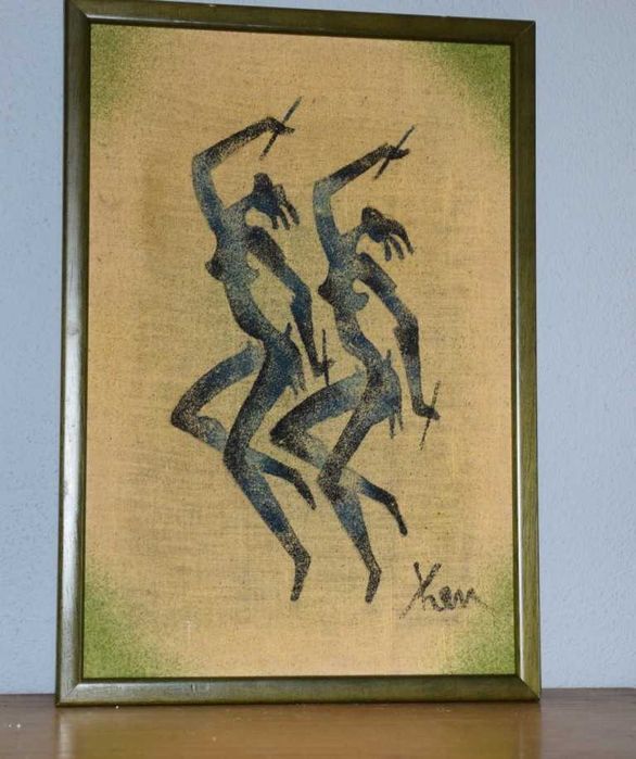 Quadro africano (Angola) pintado a tinta de areia – Par de Dançarinas – 1997